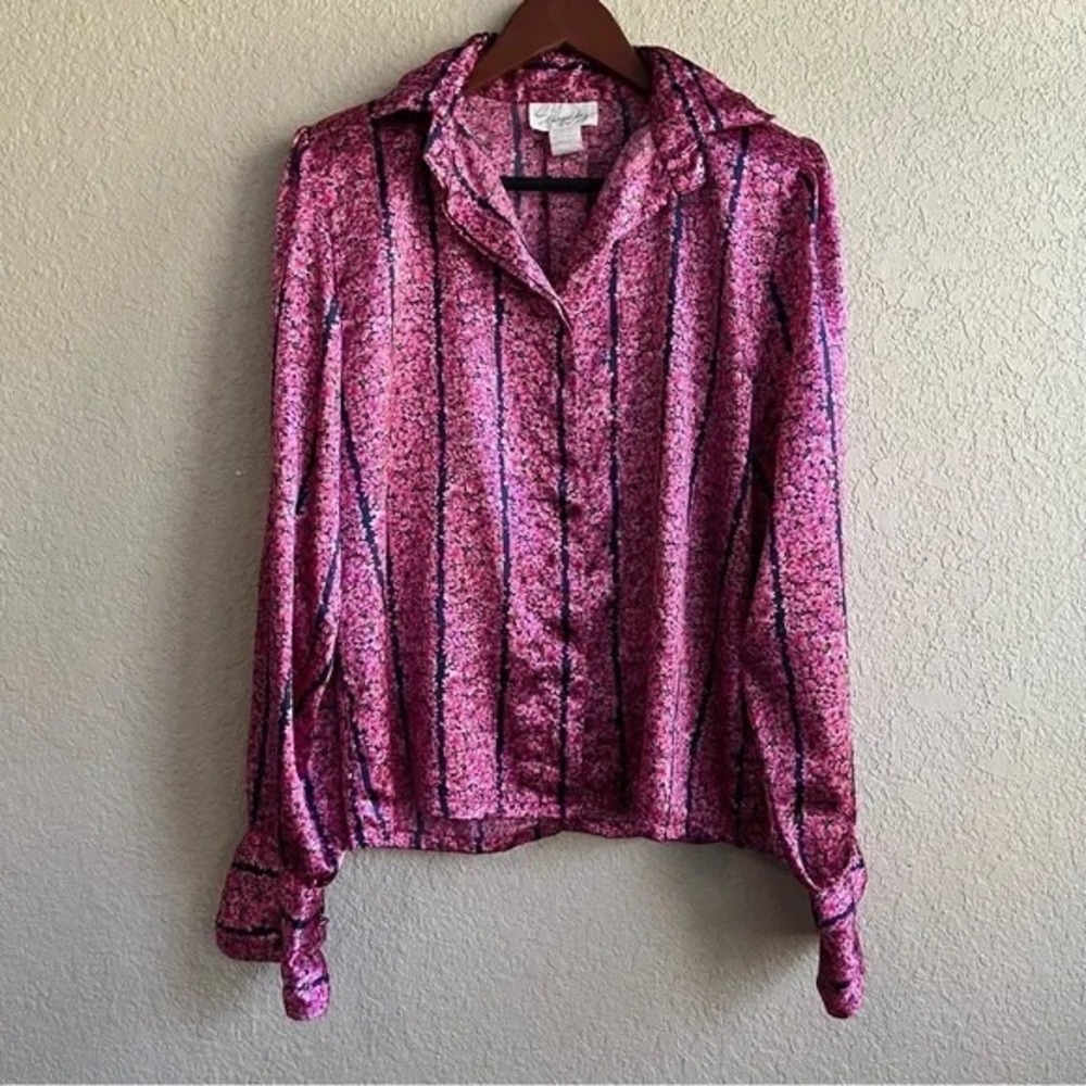 Vintage Shapely Blouse Women's 10 Silky Floral Stripe Long Sleeve Top 70's Retro